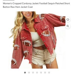 Women’s size large football jacket, red corduroy please note one spot collar new